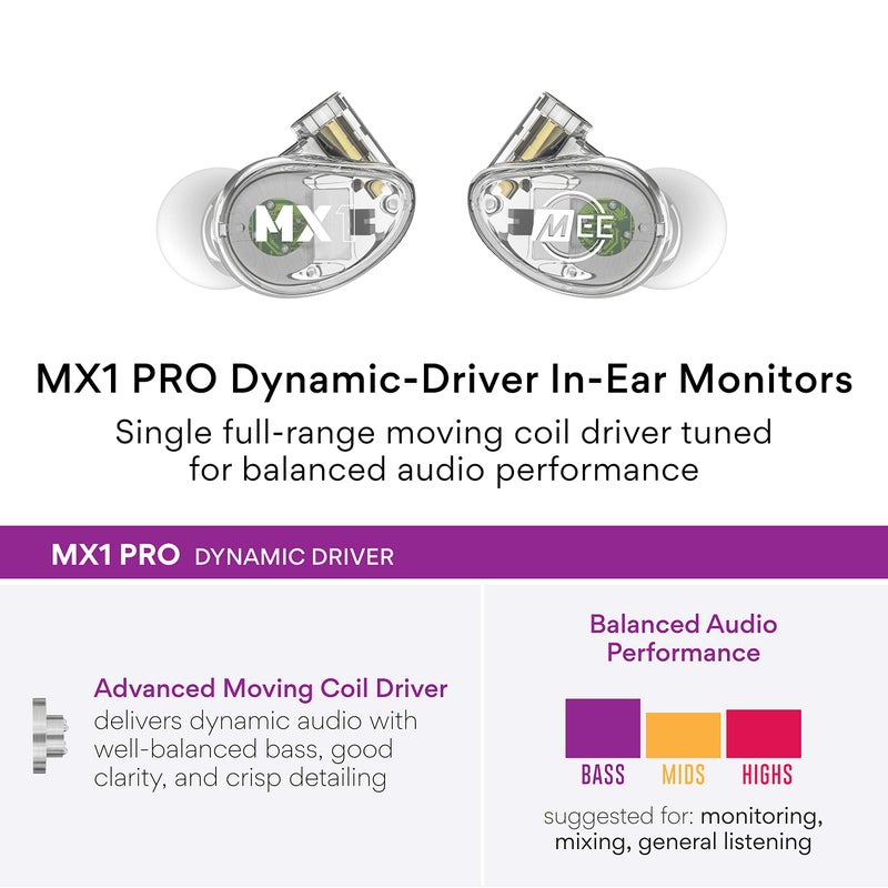 MEE audio Professional MX1 PRO Advanced Dynamic Driver Musician's in Ear Monitor Headphones with Balanced Sound, Noise Isolating Earbuds Earphones with Memory Wire, Detachable Cables, Transparent - Image 3